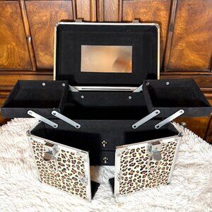 Leopard Print Mirrored Travel Cosmetic Jewelry Train Case